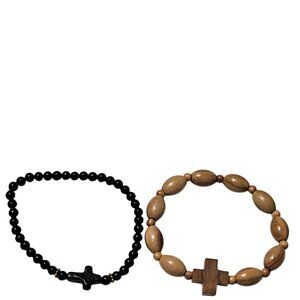 Religious Cross Beaded Bracelets Stretch Black Wooden Beads Set Of 2 Christian